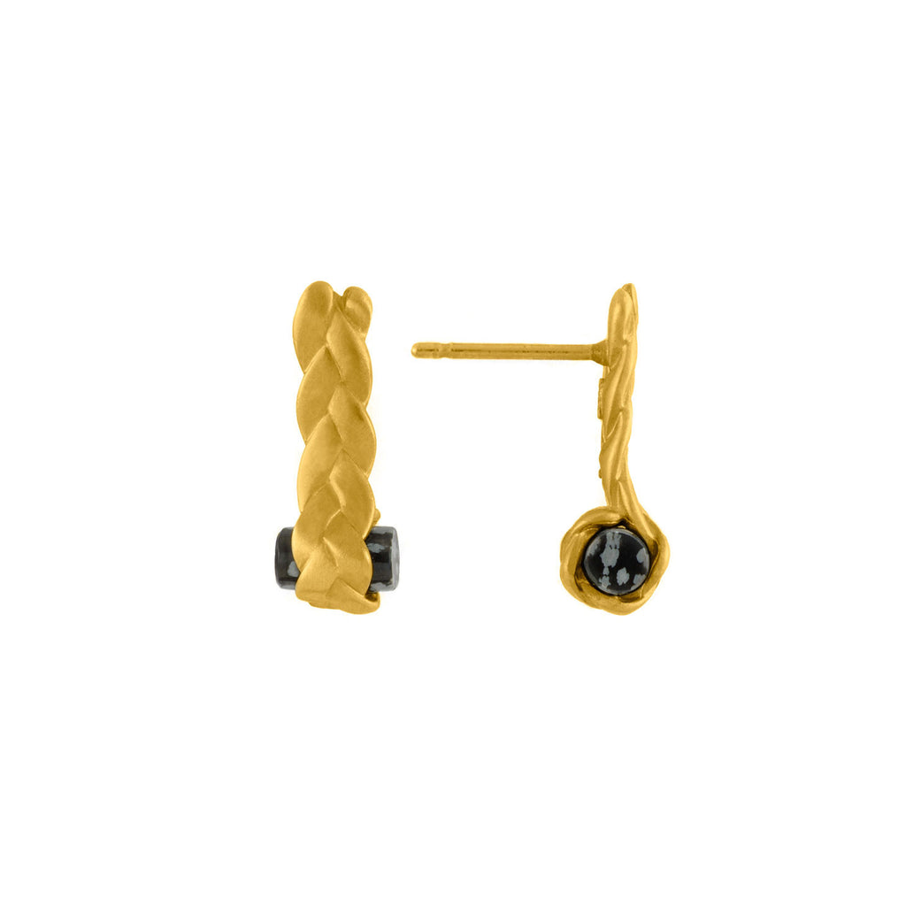 Drop Plait Earrings with Obsidian in 18K Gold Detail