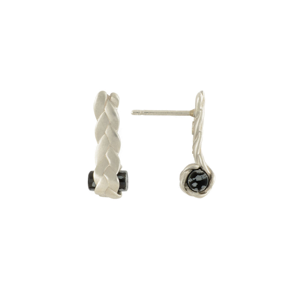 Drop Plait Earrings with Obsidian in Sterling Silver Detail