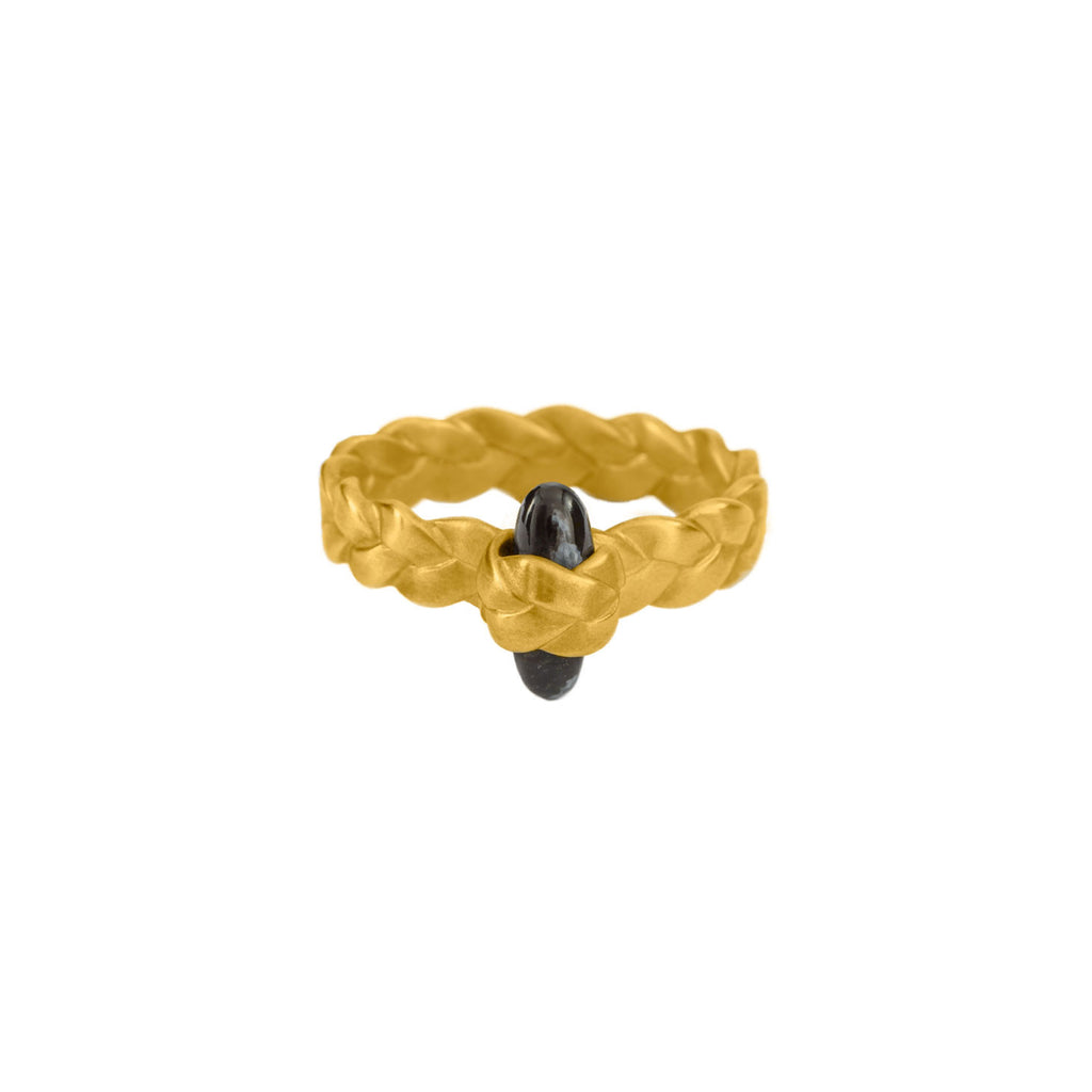 Drop Plait Ring with Obsidian Bullet Cabochon in 18K Yellow Gold