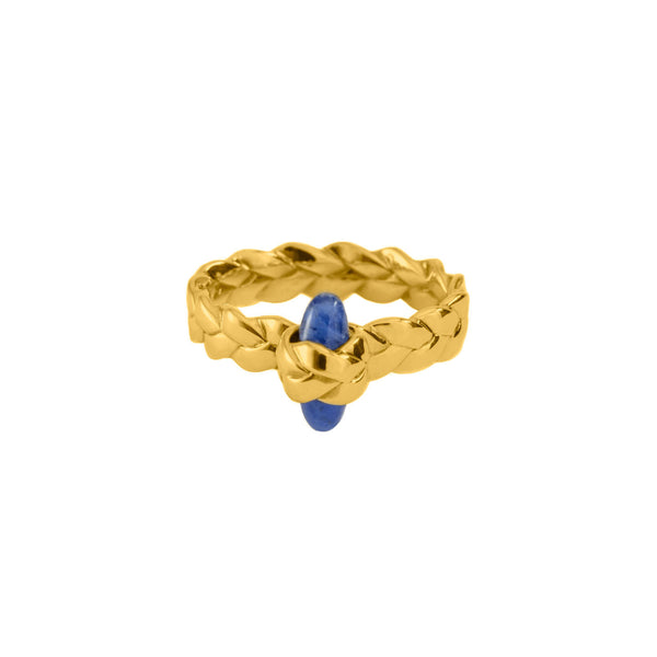 Drop Plait Ring with Bullet Cabochon in Sodalite 18K Yellow Gold Satin Polish