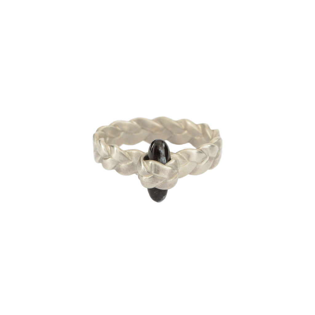 Drop Plait Ring with Obsidian Bullet Cabochon in Sterling Silver