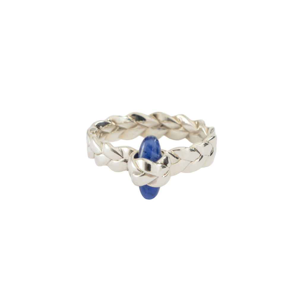 Drop Plait Ring with Bullet Cabochon in Sodalite Sterling Silver Satin Polish