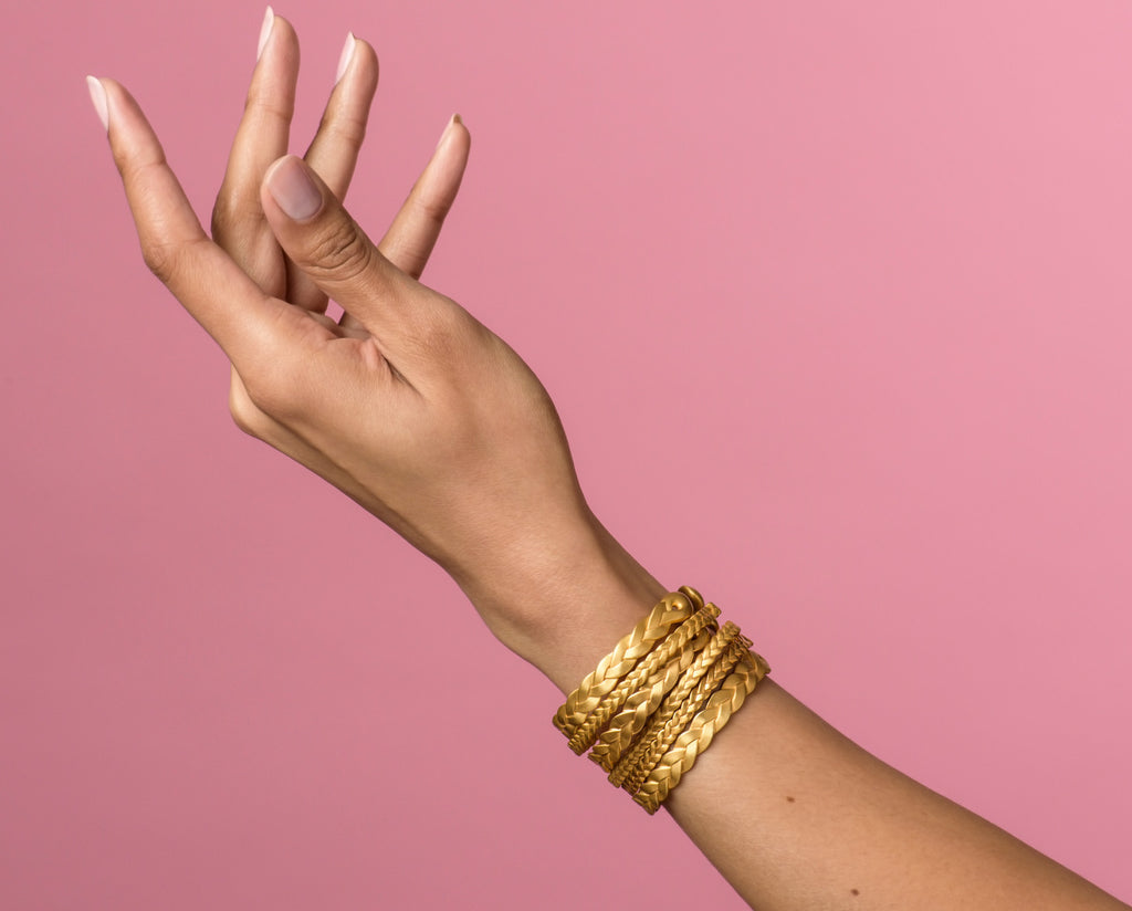 18K Gold Classic Plait & Ampio Cuffs Stacked